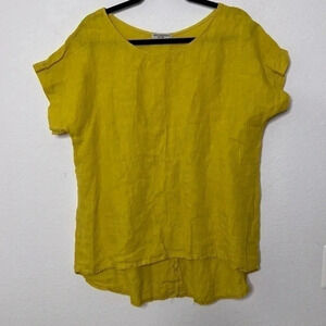 Terzo Millennio Italy Linen yellow Back Buttons Hi-Lo Blouse size large